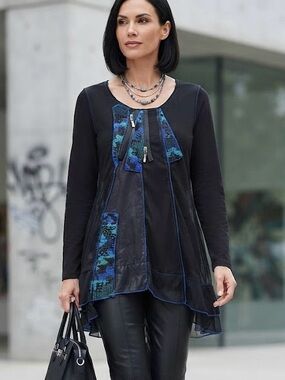 Goa Black Mesh 3/4 Sleeve Tunic Top Geometric Tapestry Accents Suede Whimsical S
